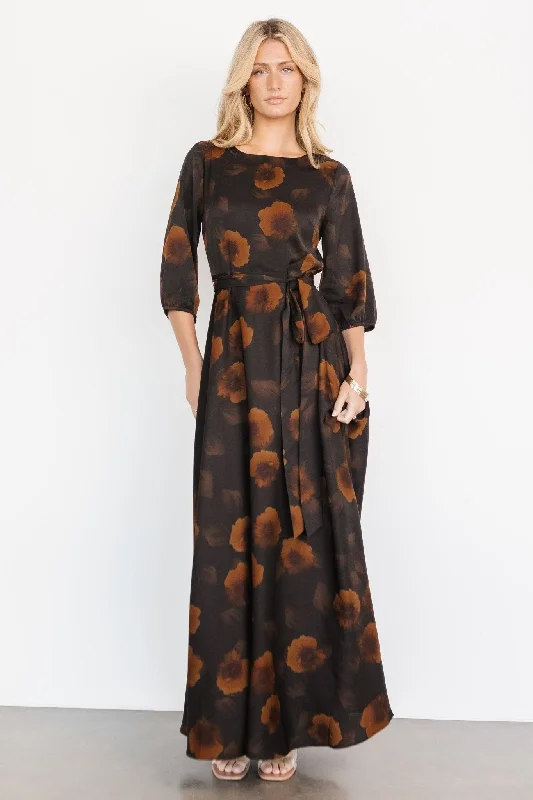 Backless Women Dress for a Sexy and Alluring Look at Evening EventsPaula Satin Maxi Dress | Deep Brown Floral