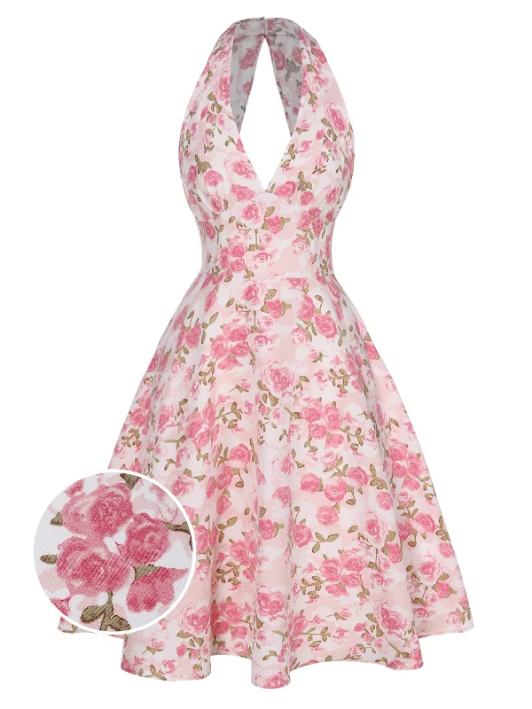 Off - the - Shoulder Women Dress for a Romantic and Feminine LookPink 1950s Floral V-Neck Dress