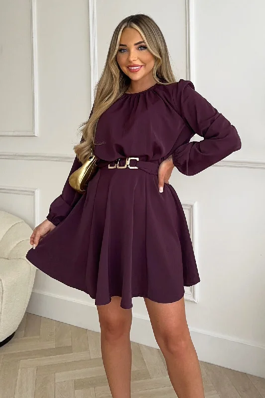 Backless Women Dress for a Sexy and Alluring Look at Evening EventsPlum Long Sleeve Belted Skater Dress