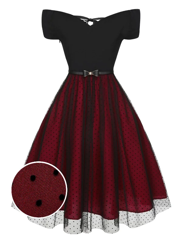 Mermaid - Style Women Dress with a Fitted Silhouette for Special OccasionsWine Red 1950s Polka Dots Drop Shoulder Belt Dress