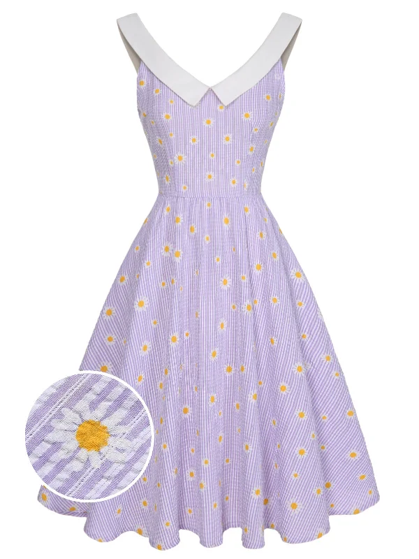 Pleated Women Dress with a Timeless and Elegant TexturePurple 1950s Plaid Daisy V-Neck Dress