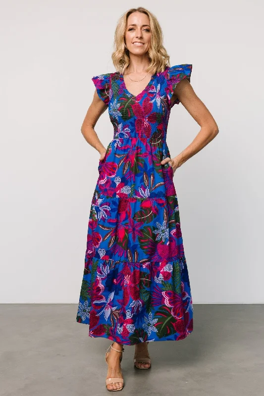 Wrap - Style Women Dress with Adjustable Fit for All Body TypesRanchero Smocked Maxi Dress | Cobalt + Fuchsia Print