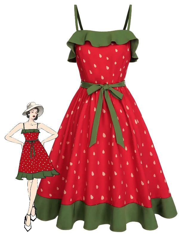 Plus Size Women Dress with a Flattering A - Line Cut for Comfort and StyleRed 1950s Strawberry Ruffle Belt Dress