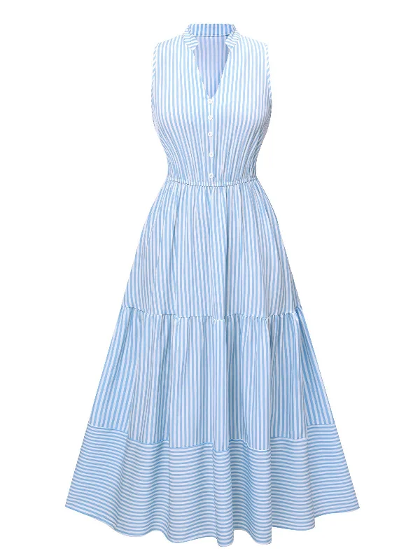 Printed Abstract Women Dress for a Modern and Artistic AppealSky Blue 1940s Stripes Stand Collar Dress