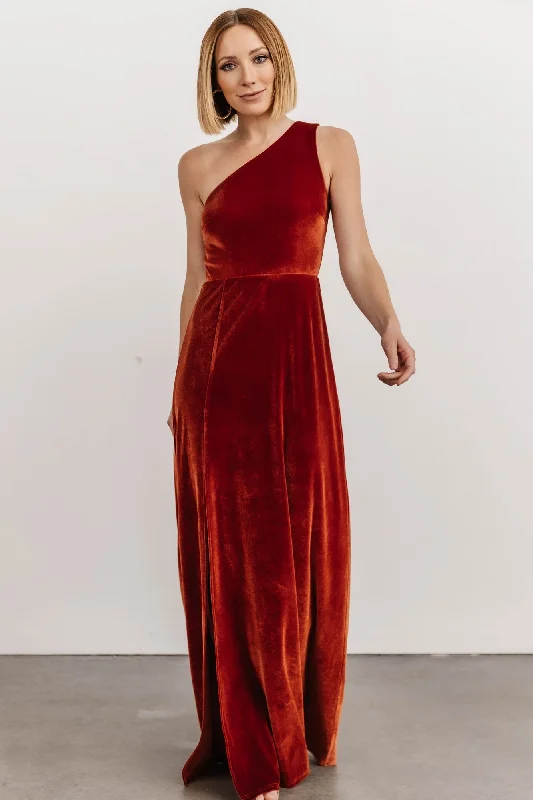 Backless Women Dress for a Sexy and Alluring Look at Evening EventsTatiana Velvet One Shoulder Maxi Dress | Rust