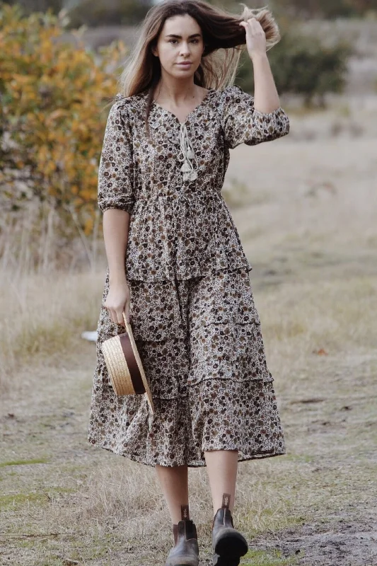 Wrap - Style Women Dress with Adjustable Fit for All Body TypesTHEA ALMOND BROWN FLORAL DRESS