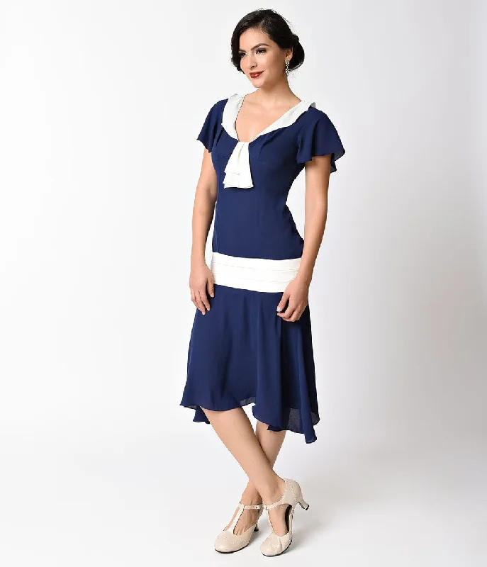 Lace - Embellished Women Dress for an Elegant and Sophisticated AppearanceUnique Vintage 1920s Navy Blue & Ivory Wilshire Flapper Day Dress