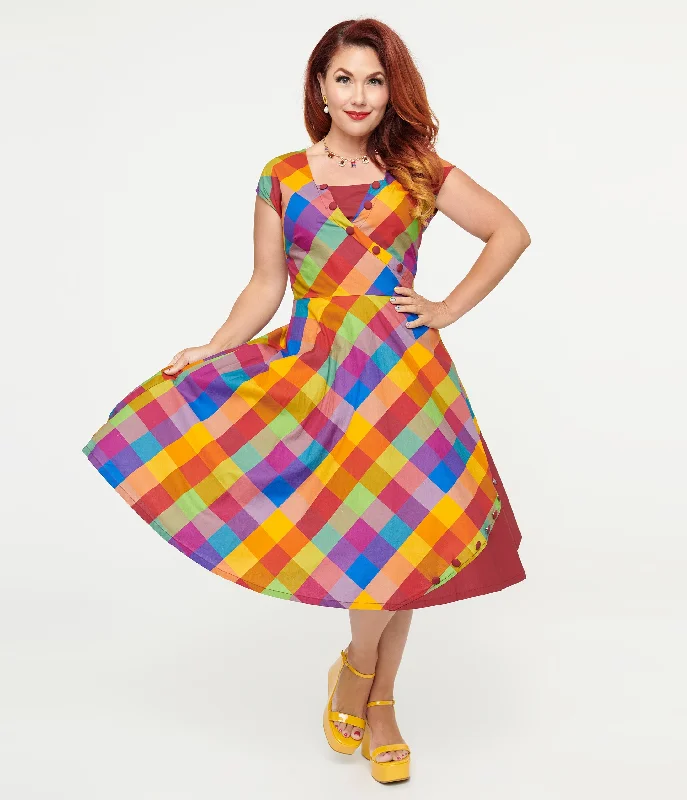 Off - the - Shoulder Women Dress for a Romantic and Feminine LookUnique Vintage 1950s Fall Madras Plaid Swing Dress