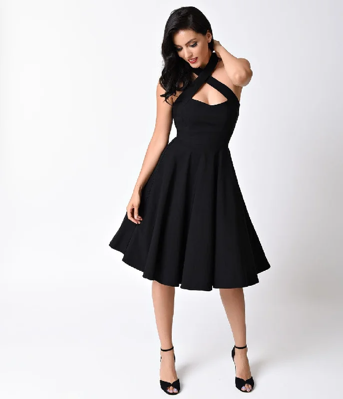 Backless Women Dress for a Sexy and Alluring Look at Evening EventsUnique Vintage Black Criss Cross Halter Rita Flare Dress