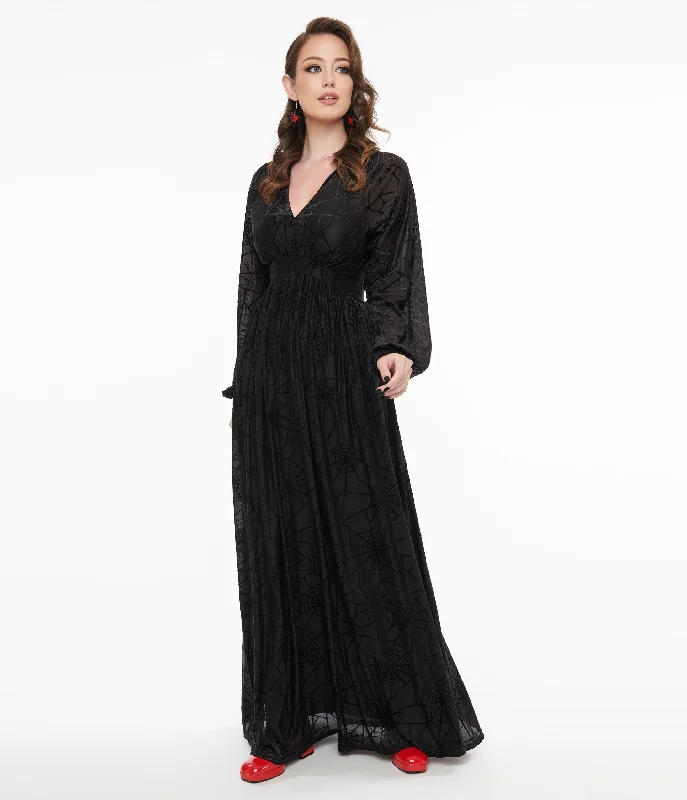 Pleated Women Dress with a Timeless and Elegant TextureUnique Vintage 1970s Black Spiderweb Maxi Dress