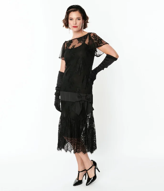 Halter Neck Women Dress to Show Off the Shoulders and NecklineUnique Vintage 1920s Black Lace & Bow Flapper Dress