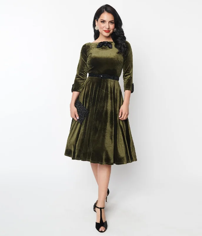 Off - the - Shoulder Women Dress for a Romantic and Feminine LookUnique Vintage Deep Olive Green Velvet Faux Bow Devon Swing Dress