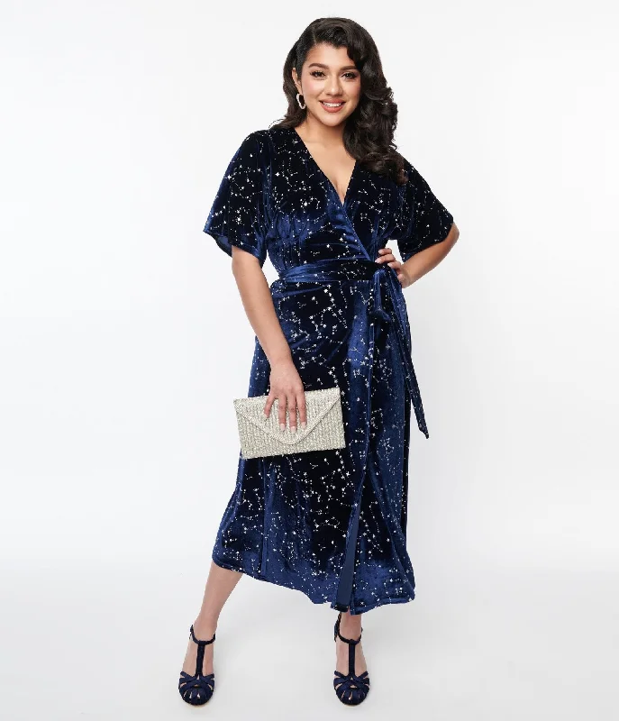 Shift Women Dress with a Simple and Classic Design for Everyday WearUnique Vintage 1970s Navy & Silver Stars Velvet Wrap Midi Dress