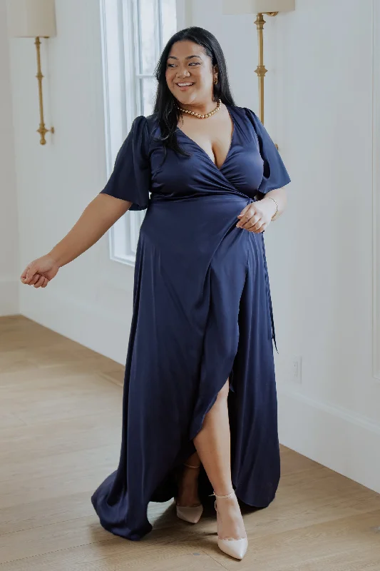 Plus Size Women Dress with a Flattering A - Line Cut for Comfort and StyleVara Satin Maxi Wrap Dress | Navy