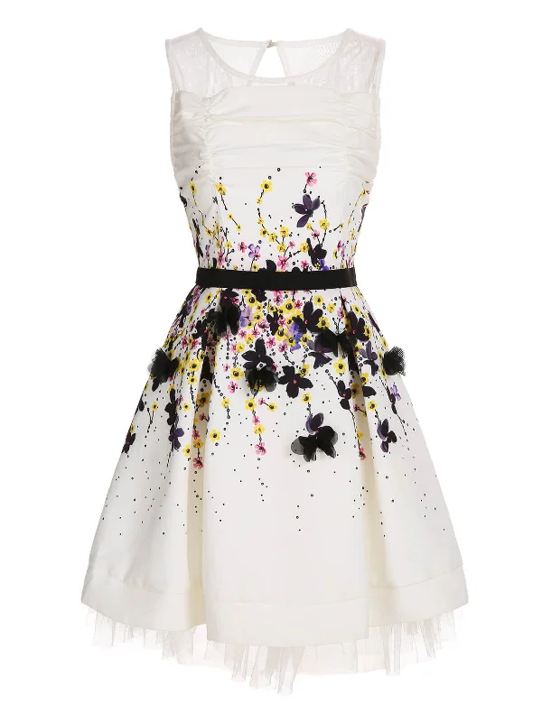 Mini Women Dress with a Short Hem for a Young and Trendy StyleWhite 1960s Colorful Floral Sleeveless Dress