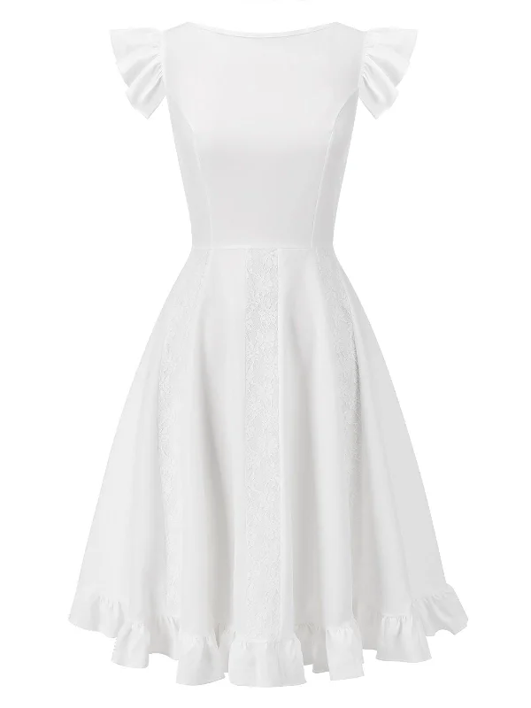 Plus Size Women Dress with a Flattering A - Line Cut for Comfort and StyleWhite 1950s Lace Patchwork Solid Dress