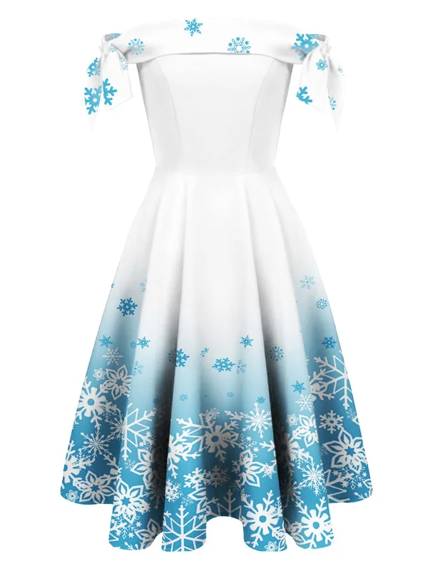 Strapless Women Dress with a Built - in Bra for Comfort and SupportWhite 1950s Off Shoulder Snowflake Dress