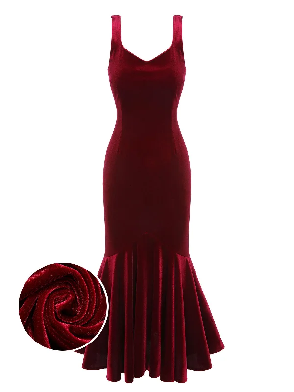 Long - Sleeve Women Dress in Velvet for a Luxurious Winter LookWine Red 1930s Strap Velvet Mermaid Dress