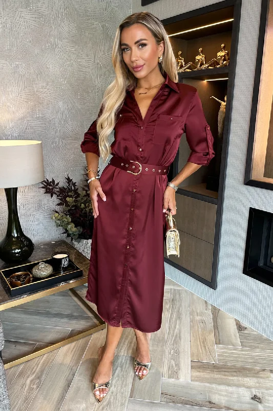 Lace - Embellished Women Dress for an Elegant and Sophisticated AppearanceWine Satin Belted 3/4 Sleeve Gold Buttons Shirt Midi Dress