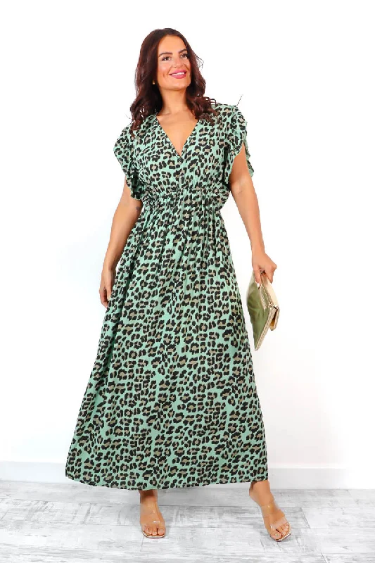 Printed Abstract Women Dress for a Modern and Artistic AppealWorth Wild - Green Leopard Pleated Maxi Dress