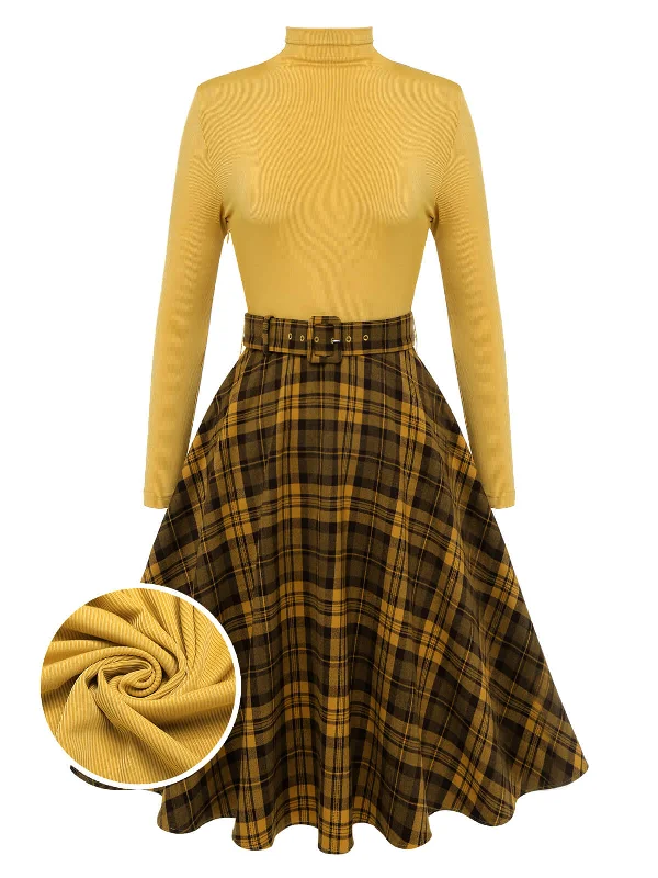 Wrap - Style Women Dress with Adjustable Fit for All Body TypesYellow 1950s Plaid Turtleneck Belted Dress