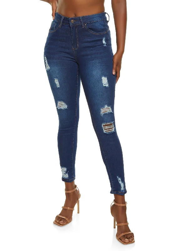 Embroidered women jeans with intricate patternsWAX Distressed Frayed Skinny Jeans