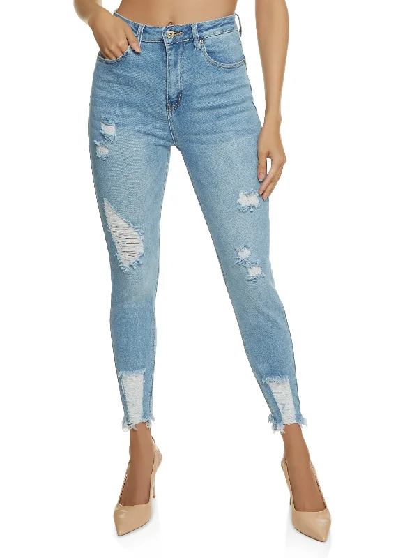 Stretch women jeans for enhanced mobility and comfortWAX Distressed Frayed Hem Skinny Jeans