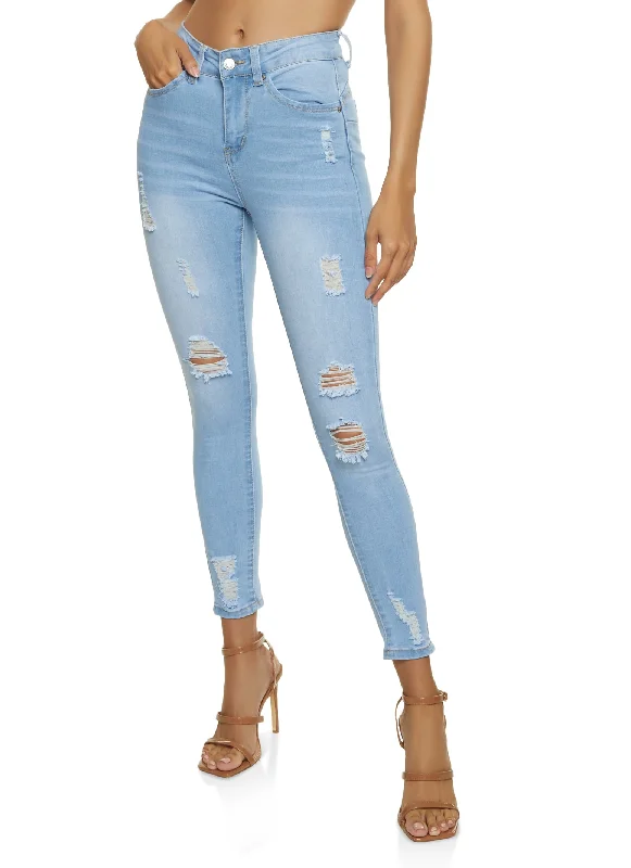 Button - fly women jeans with a traditional touchWAX Distressed Frayed Skinny Jeans