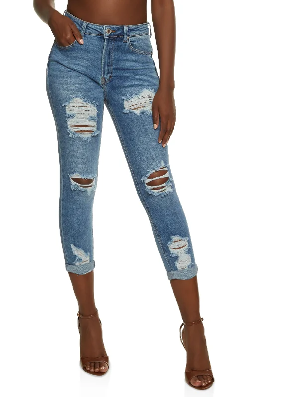 Embroidered women jeans with intricate patternsWAX Ripped Rolled Cuff Skinny Jeans