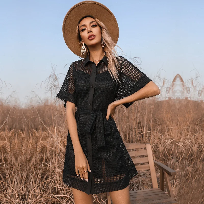 Shift Women Dress with a Simple and Classic Design for Everyday WearKittenAlarm - Fashion lace black solid color mesh see-through dress