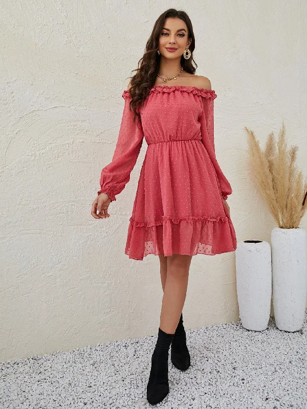 Strapless Women Dress with a Built - in Bra for Comfort and SupportKittenAlarm - Off Shoulder Ruffle Hem Chiffon Dress