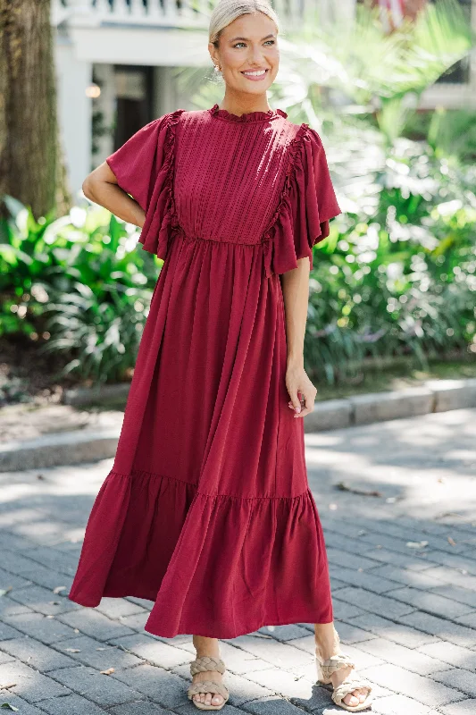 Long - Sleeve Women Dress in Velvet for a Luxurious Winter LookAll The Good Burgundy Red Ruffled Midi Dress