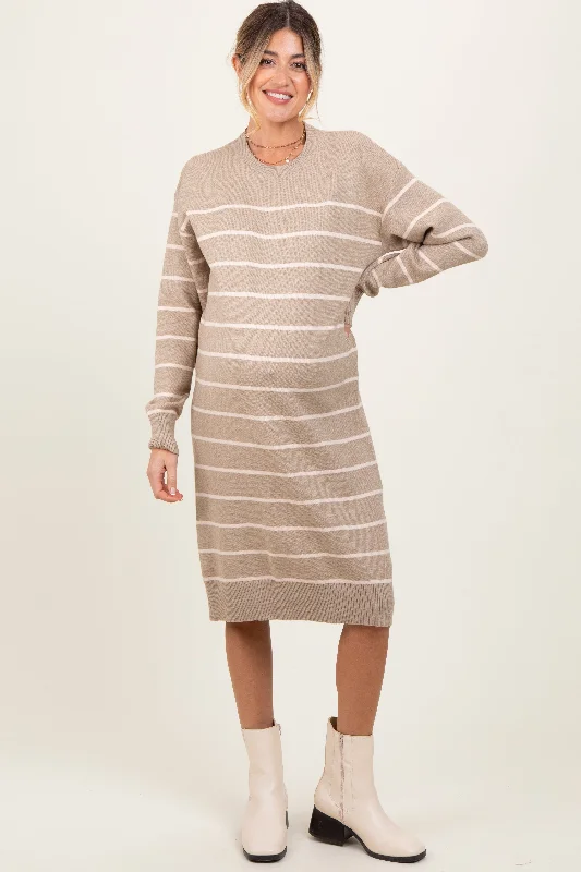 Pleated Women Dress with a Timeless and Elegant TextureBeige Striped Maternity Midi Sweater Dress