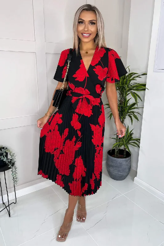 Ball Gown Women Dress with a Full Skirt for a Princess - like LookBlack And Red Floral Print Pleated Midi Dress