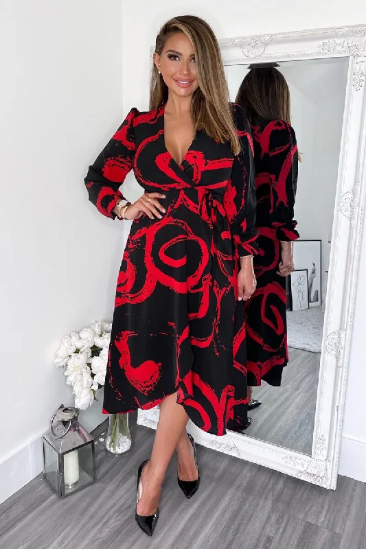 Pleated Women Dress with a Timeless and Elegant TextureBlack and Red Long Sleeve Wrap Midi Dress