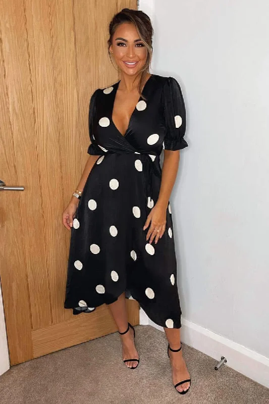 Strapless Women Dress with a Built - in Bra for Comfort and SupportBlack And Stone Polka Dot Wrap Side Tie Midi Dress