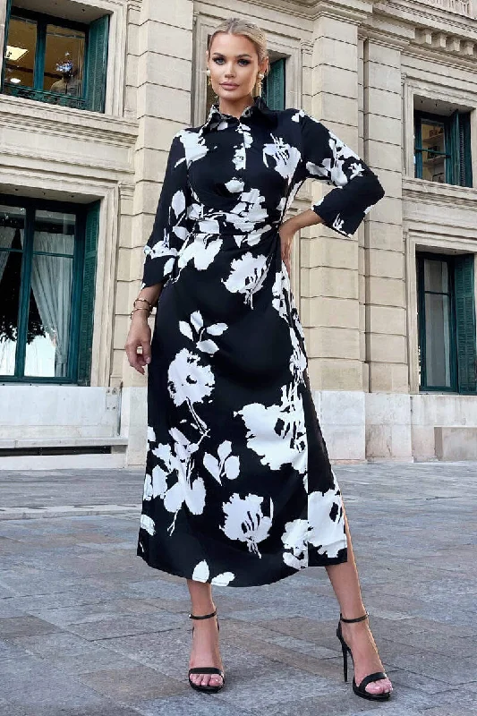 Pleated Women Dress with a Timeless and Elegant TextureBlack And White Print Draped Shirt Midi Dress