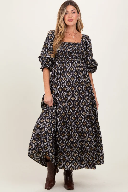 Shift Women Dress with a Simple and Classic Design for Everyday WearBlack Damask Print Smocked Maternity Maxi Dress