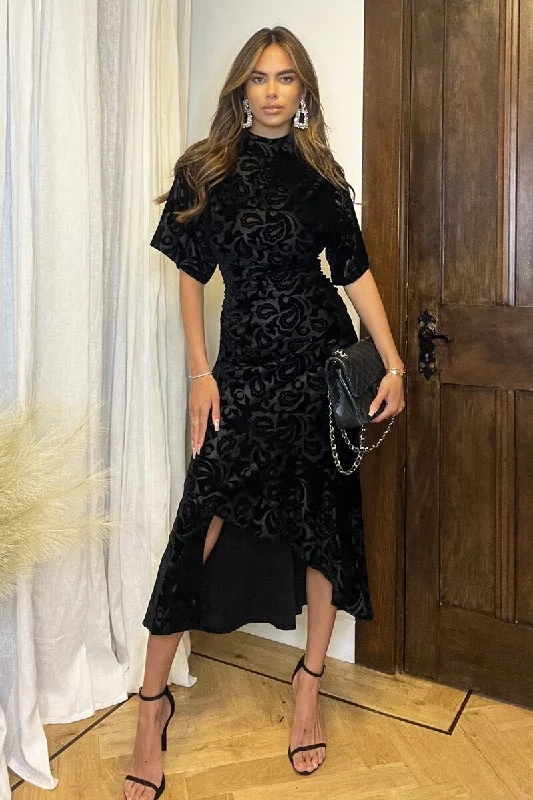 Ball Gown Women Dress with a Full Skirt for a Princess - like LookBlack Jacquard Velvet Asymmetrical Hem High Neck Midi Dress