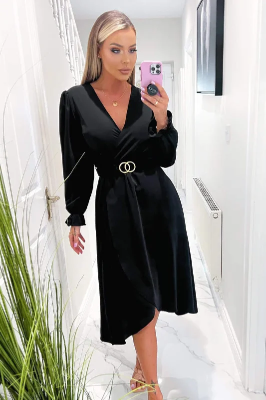 Ball Gown Women Dress with a Full Skirt for a Princess - like LookBlack Long Sleeve Belted Midi Dress