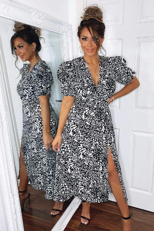 Ruffled Women Dress with Multiple Layers for a Playful and Girly StyleBlack Printed Split Leg Midi Dress