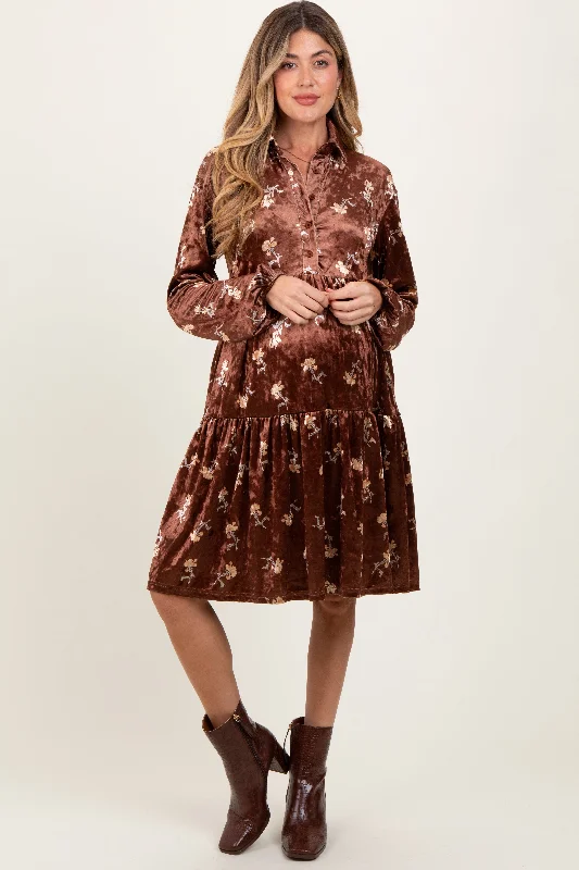 Pleated Women Dress with a Timeless and Elegant TextureBrown Floral Velvet Button Down Maternity Midi Dress