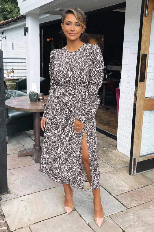 Plus Size Women Dress with a Flattering A - Line Cut for Comfort and StyleBrown Printed Long Sleeve Split Leg Midi Dress