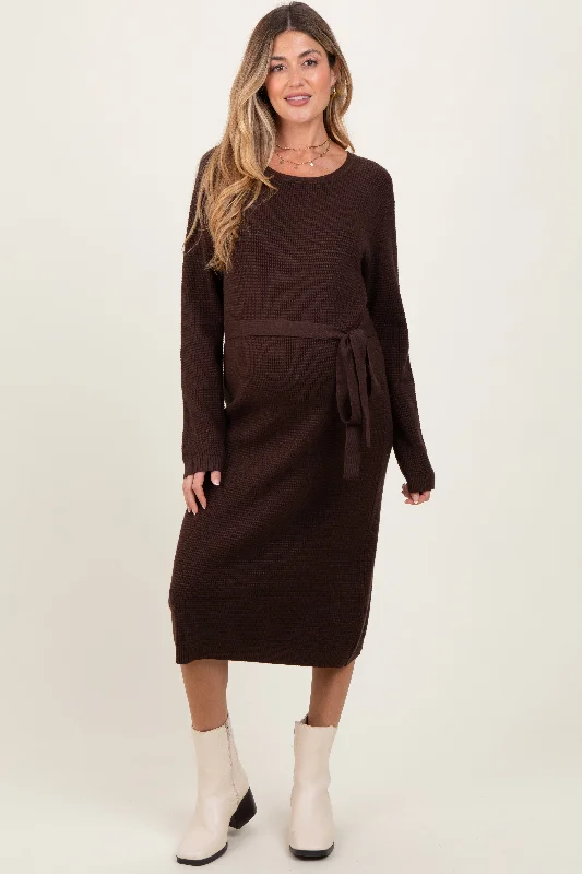 Wrap - Style Women Dress with Adjustable Fit for All Body TypesBrown Waffle Knit Sash Tie Maternity Midi Sweater Dress