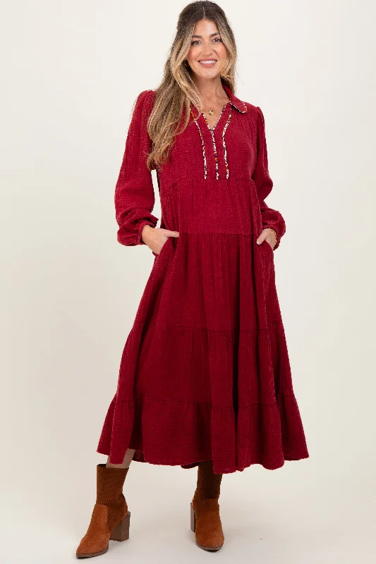 Ruffled Women Dress with Multiple Layers for a Playful and Girly StyleBurgundy Cotton Gauze Long Sleeve Tiered Maternity Midi Dress