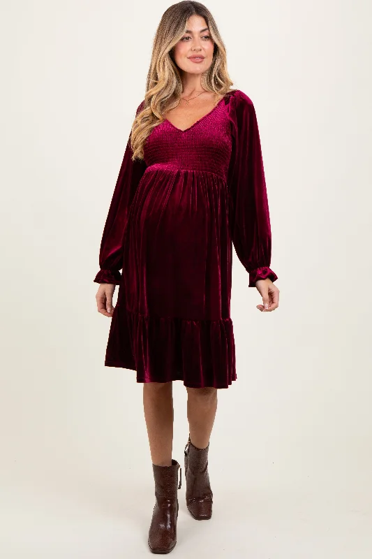 Backless Women Dress for a Sexy and Alluring Look at Evening EventsBurgundy Velvet Smocked Maternity Long Sleeve Dress