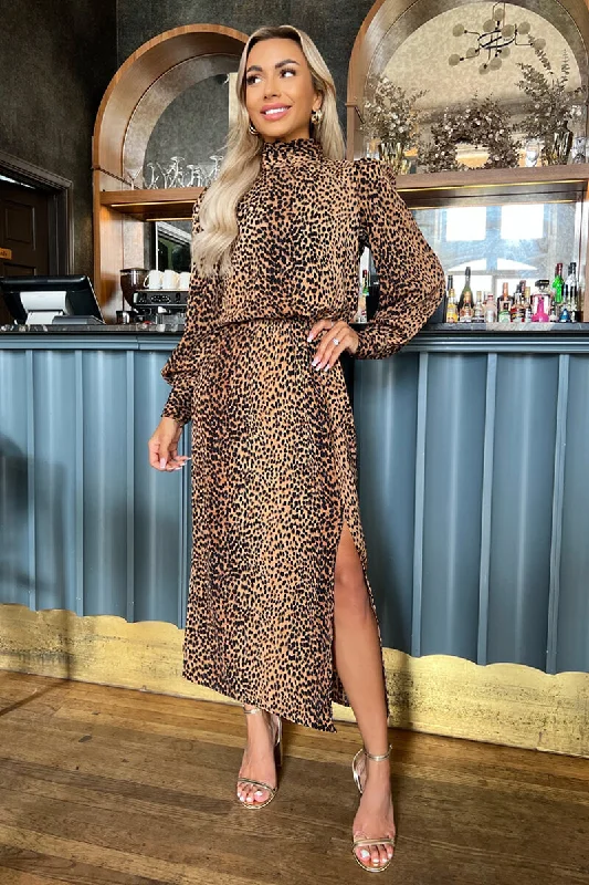 Empire Waist Women Dress to Accentuate the Bust and Conceal the WaistCamel Animal Print High Neck Long Sleeve Midi Dress