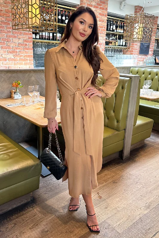 Off - the - Shoulder Women Dress for a Romantic and Feminine LookCamel Button Front Tie Shirt Midi Dress