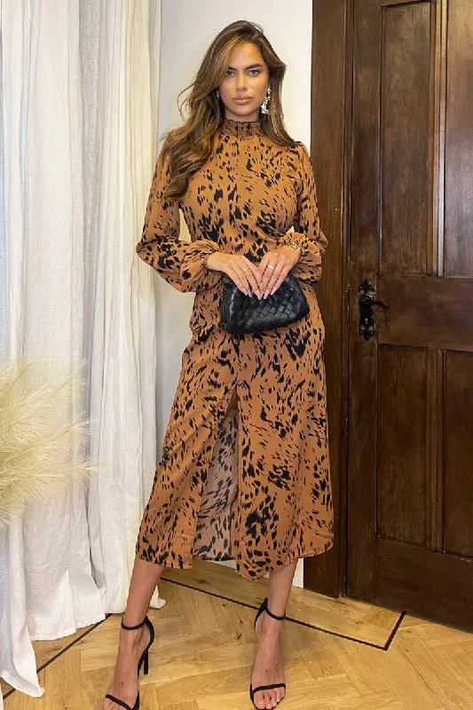 Off - the - Shoulder Women Dress for a Romantic and Feminine LookCamel Print High Neck Split Skirt Midi Dress