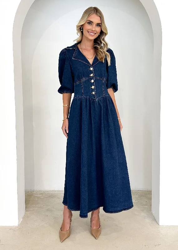 Plus Size Women Dress with a Flattering A - Line Cut for Comfort and StyleCarmine Denim Maxi Dress - Indigo